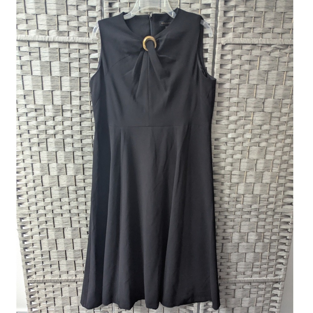 Donna Karan Black Dress Gold Ring Sleeveless A-Line Midi Sz 16 Classic Chic